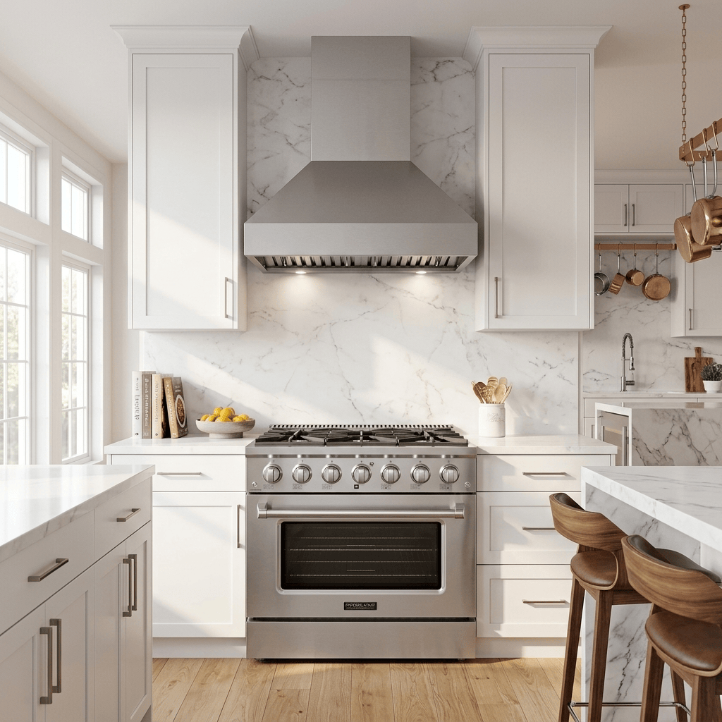 Modern kitchen with Proline PLSR 36" Range, PLJW 104 Hood, white cabinets, marble backsplash—ProlineRangeHoods.com.