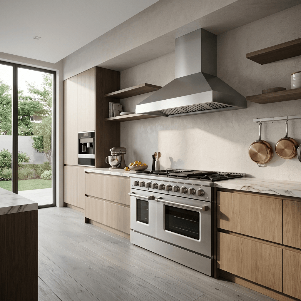 Modern kitchen with light wood cabinets, stainless appliances, Proline 48" range & hood. Window to garden. ProlineRangeHoods.com.
