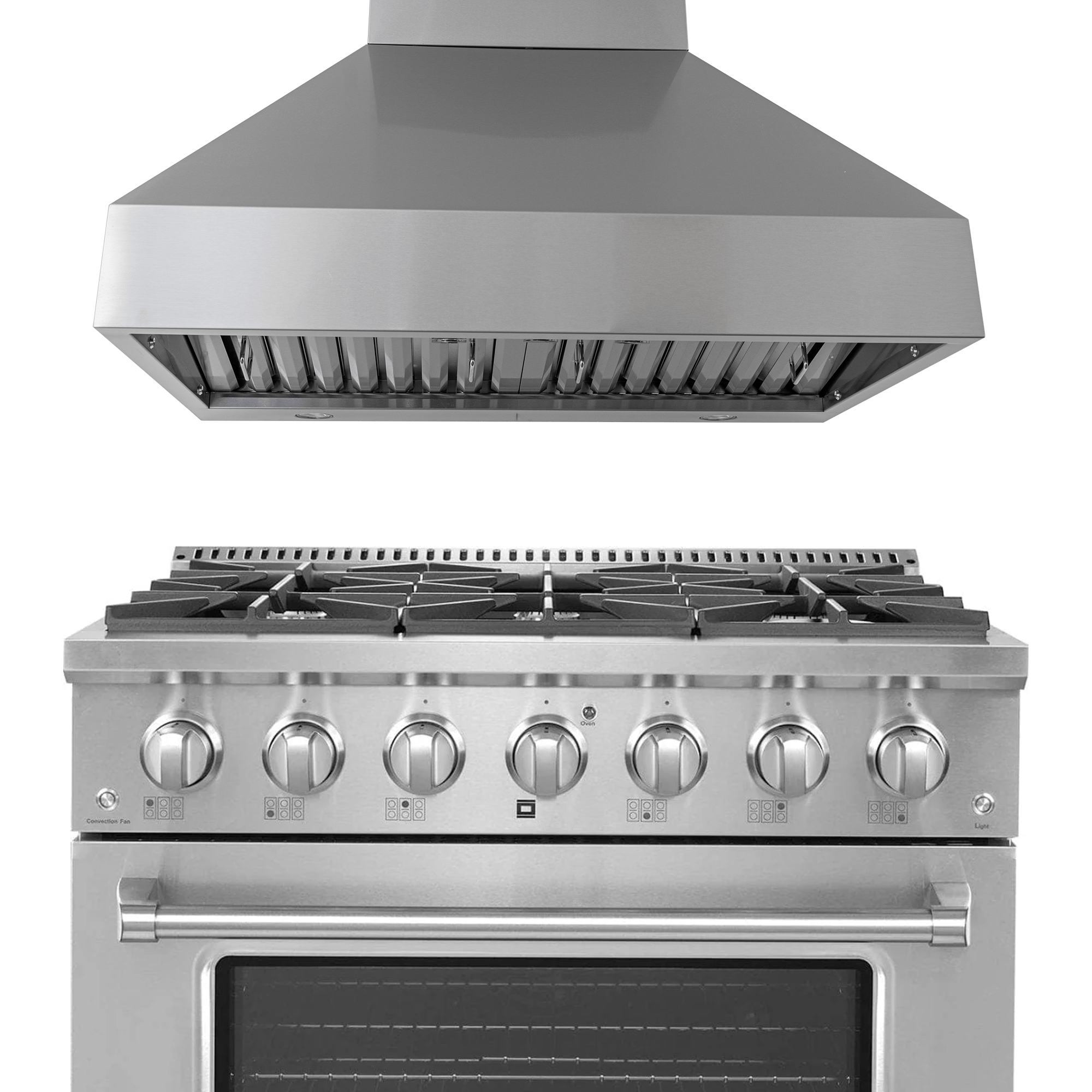 ProlineRangeHoods.com: Save 10% on Proline PLSR 36" Gas Range & PLJW 104 Wall Hood—sleek front-view kitchen set.