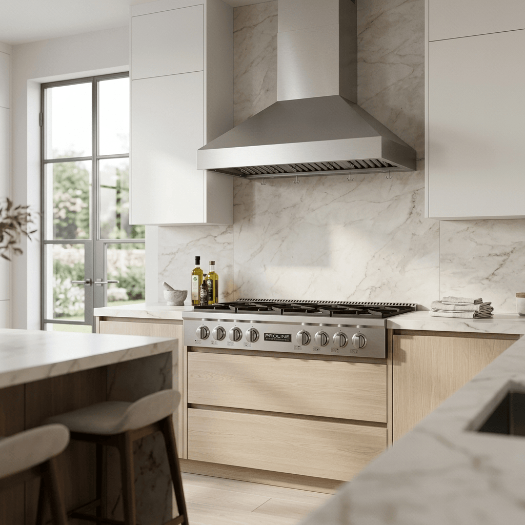 Modern kitchen with marble, natural light, Proline PLST 48" range & PLJW 104 hood—save 10% at ProlineRangeHoods.com.