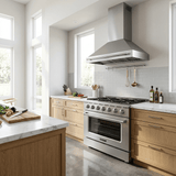 Modern kitchen with Proline PLSR 36" Range, PLJW 104 Hood bundle—save 10% at ProlineRangeHoods.com. Premium style and performance.