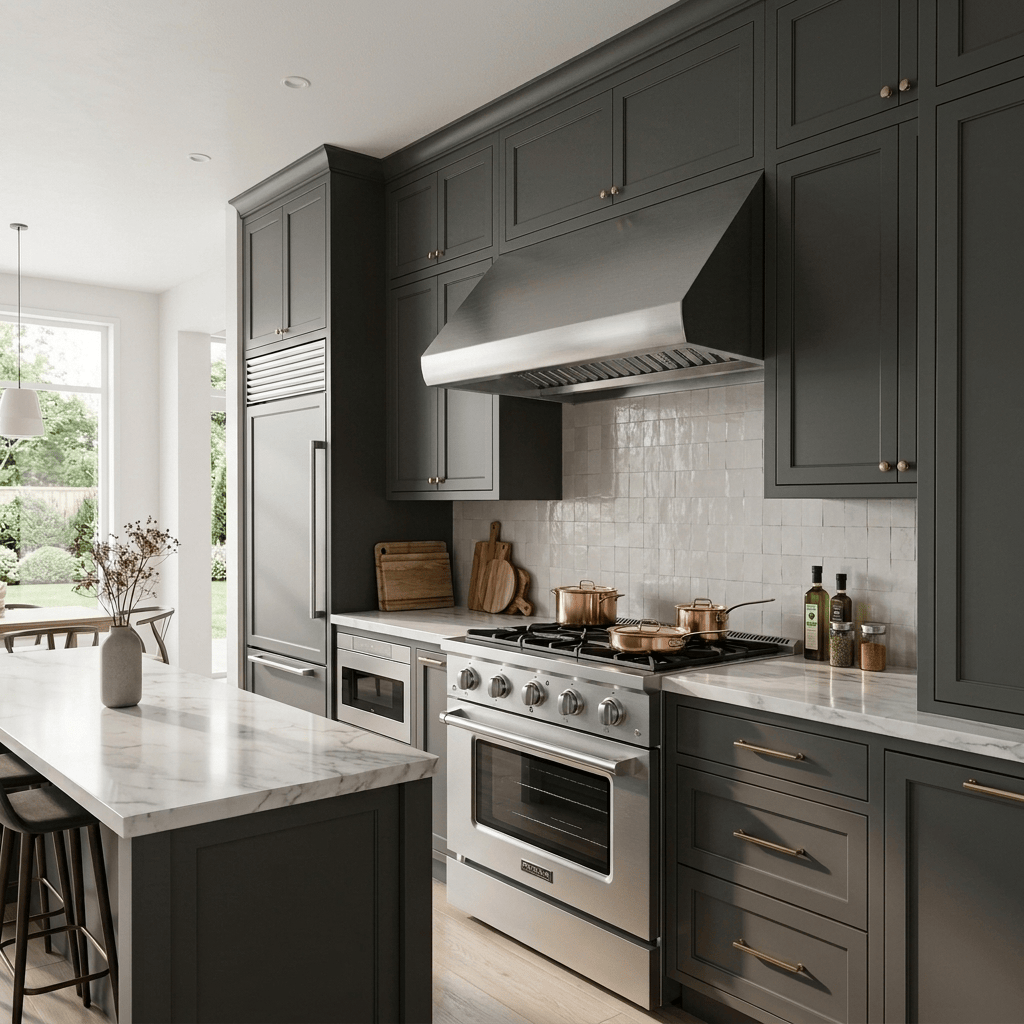 Modern kitchen with Proline PLSR 30" Range, PLJW 109 Hood, gray cabinets, marble, sunlight. ProlineRangeHoods.com.