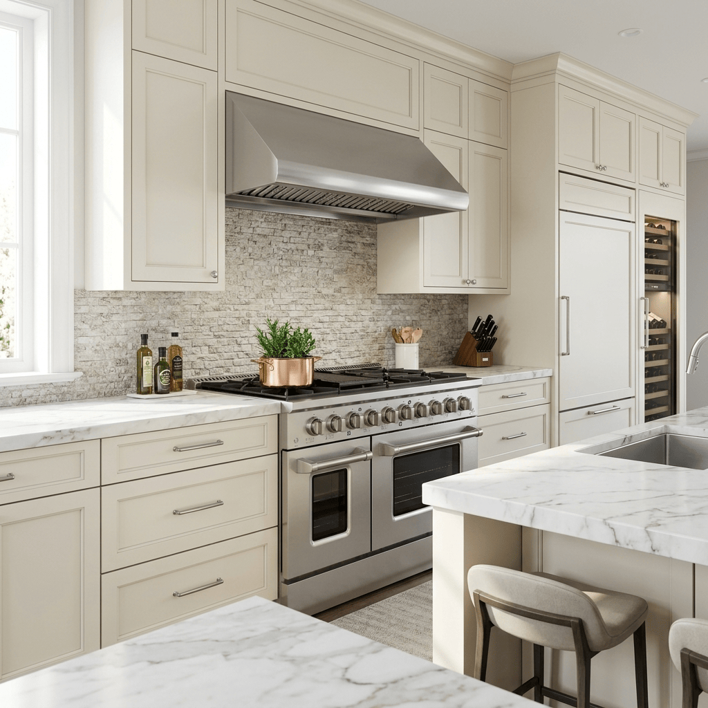 Modern kitchen with cream cabinets, marble counters, Proline range & hood by a bright window. ProlineRangeHoods.com.
