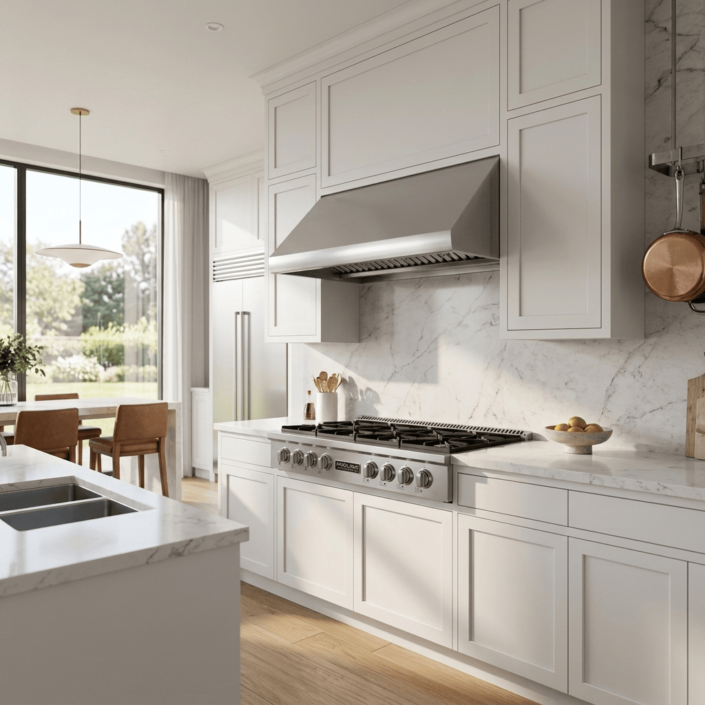 Modern kitchen with white cabinets, marble countertops, large window, ProlineRangeHoods.com 48" range + hood bundle.