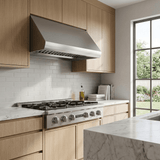 Modern kitchen with light wood cabinets, large window, Proline PLST 36" + PLJW 109 Range Hood at ProlineRangeHoods.com.