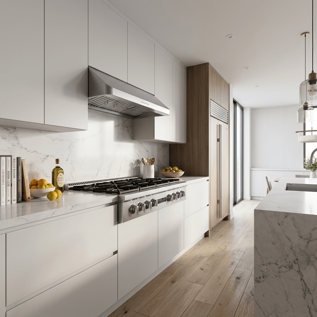 Modern kitchen with ProlineRangeHoods.com PLST 48" Range & PLJW 121 Hood, white cabinets, marble, wood floors.