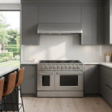 Modern kitchen with ProlineRangeHoods.com PLSR 48" range, PLJW 121 hood, gray cabinets, and three brown barstools.