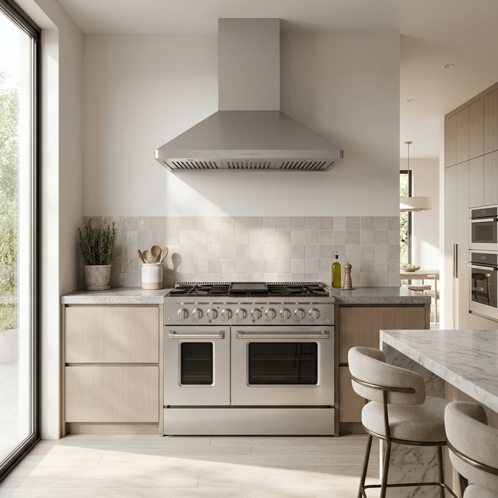 Modern kitchen with Proline PLSR 48" Range, PLJW 129 Hood, tile backsplash, wood cabinets. ProlineRangeHoods.com.
