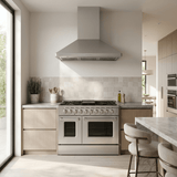 Modern kitchen with Proline PLSR 48" Range, PLJW 129 Hood, tile backsplash, wood cabinets. ProlineRangeHoods.com.