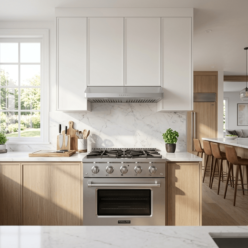 Bright, modern kitchen with Proline PLSR 30" Range & PLJW 185 Hood, marble backsplash. ProlineRangeHoods.com.