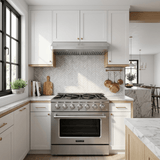 Modern kitchen with white cabinets, Proline PLSR 36" range & PLJW 185 hood. Save 10% at ProlineRangeHoods.com.
