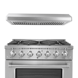 The Proline PLSR 36" range and PLJW 185 hood, front view. Save 10% on this bundle at ProlineRangeHoods.com.