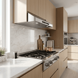 Modern kitchen with wood cabinets, marble backsplash, Proline PLST 30" range & hood bundle. ProlineRangeHoods.com.