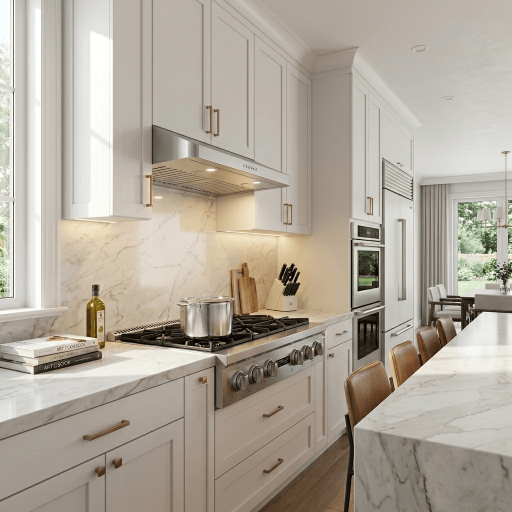 Modern kitchen with white cabinets, island stools, Proline PLST 36" range + hood bundle. Save 10% at ProlineRangeHoods.com.