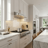 Modern kitchen with white cabinets, island stools, Proline PLST 36" range + hood bundle. Save 10% at ProlineRangeHoods.com.
