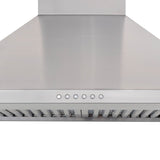 ProlineRangeHoods.com's Stylish Ductless Stainless Steel Wall Mounted Range Hood, model PLJW 129 RK600, offers control buttons and vent slots for efficient kitchen ventilation with a sleek design and 600 CFM.