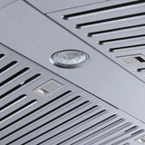 Close-up of ProlineRangeHoods.com's Efficient Wall Range Hood with 1800 CFM, stainless steel finish, vents, and LED lighting.