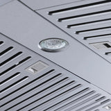 Close-up of ProlineRangeHoods.com's Efficient Wall Range Hood with 1800 CFM, stainless steel finish, vents, and LED lighting.