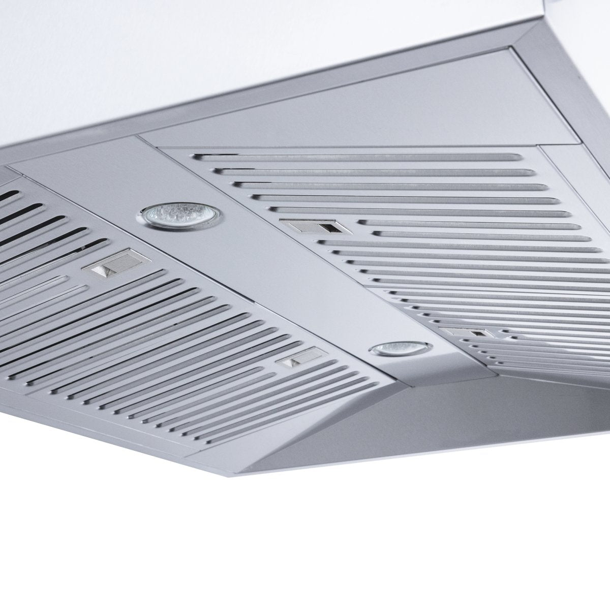 Close-up of the ProlineRangeHoods.com Efficient Wall Range Hood in sleek stainless steel, featuring vent grilles and LED lighting with 1800 CFM.