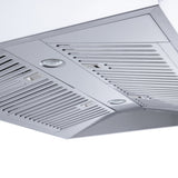Close-up of the ProlineRangeHoods.com Efficient Wall Range Hood in sleek stainless steel, featuring vent grilles and LED lighting with 1800 CFM.