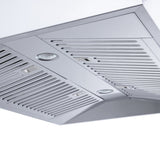 Close-up of the ProlineRangeHoods.com Efficient Wall Range Hood in sleek stainless steel, featuring vent grilles and LED lighting with 1800 CFM.