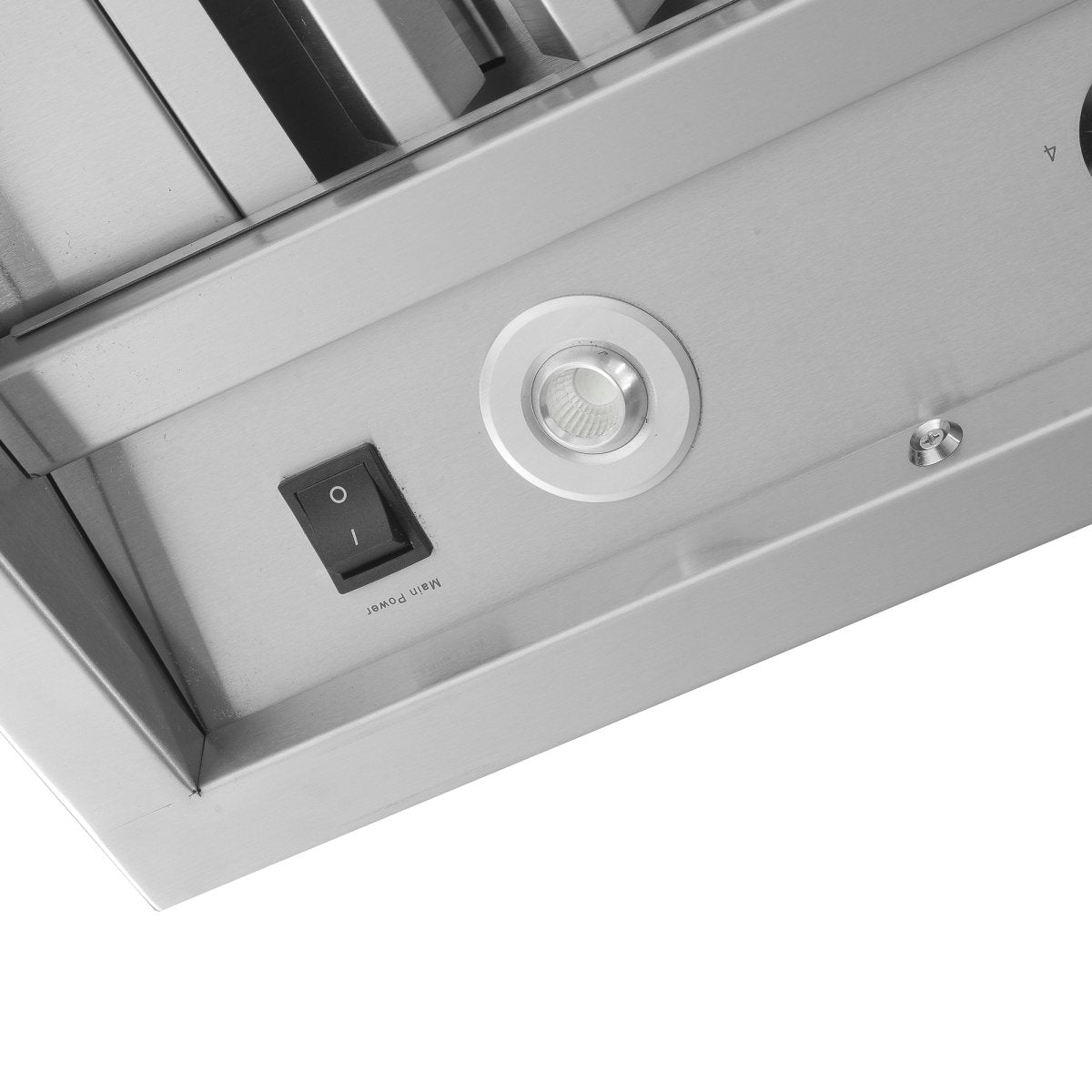 Close-up of ProlineRangeHoods.com PLGW WC BBQ Pro, 2000 CFM, 304 stainless steel outdoor range hood panel.