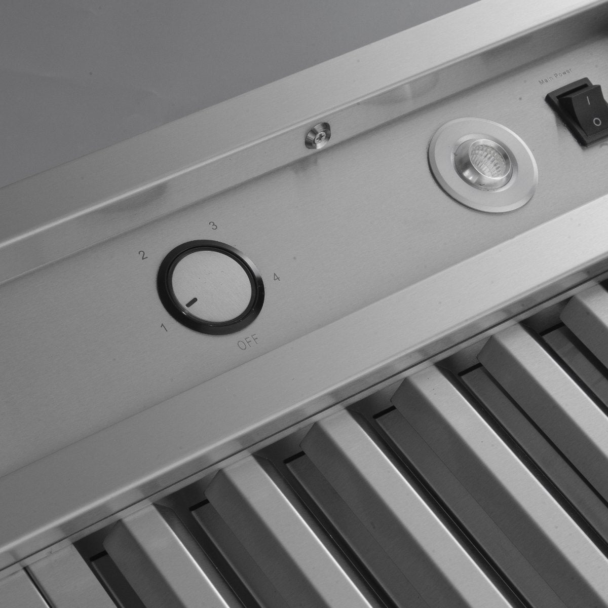 ProlineRangeHoods.com: Close-up of metallic controls and vents on PLGW WC BBQ Pro, 2000 CFM, 304 SS range hood.