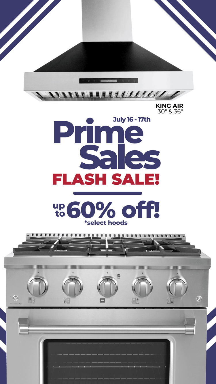 Stainless steel stove and range hood with text: "Prime Sales Flash Sale! Up to 60% off select hoods. ProlineRangeHoods.com.