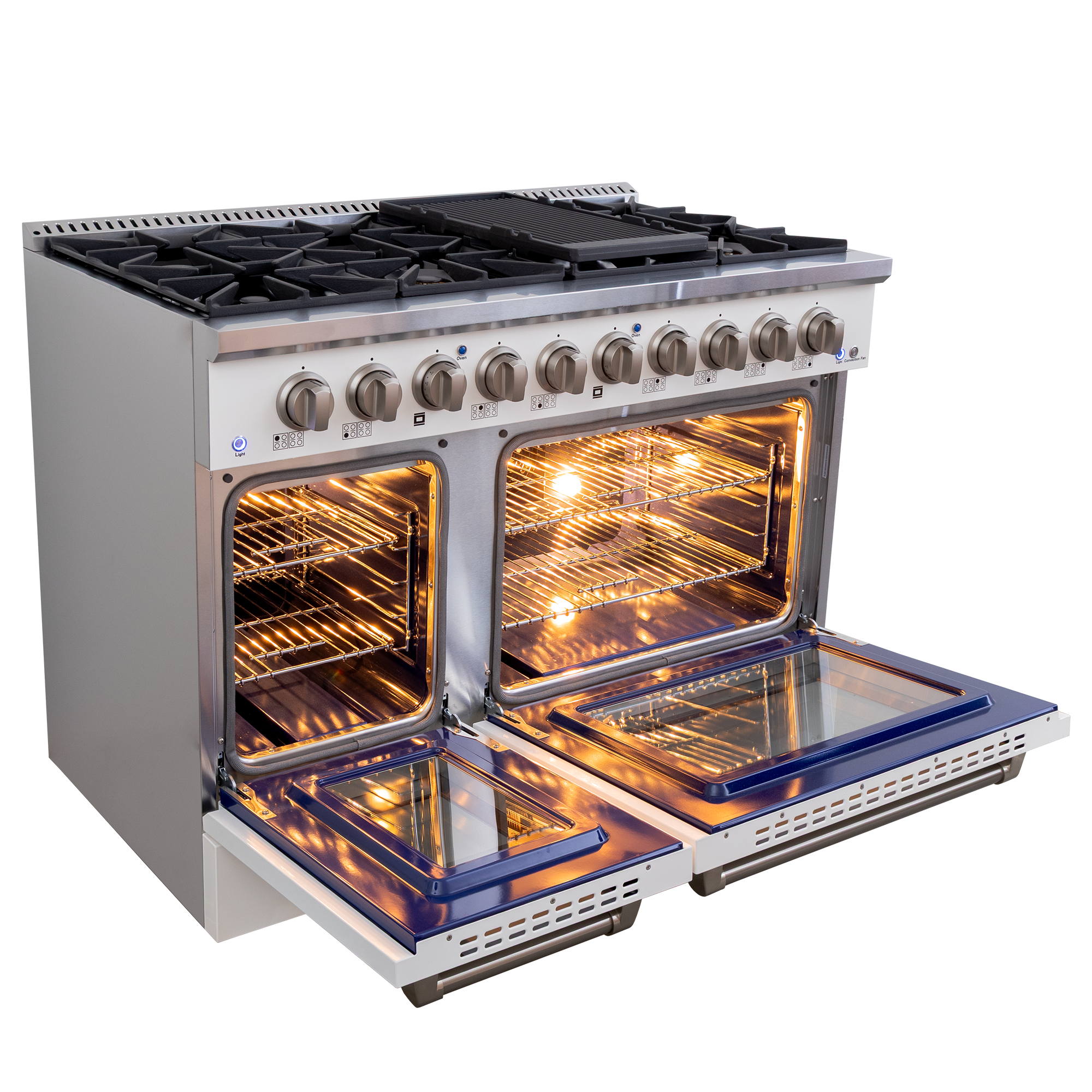 ProlineRangeHoods.com PLSR 48GG 48" glossy white range: 8 sealed burners, dual ovens, griddle for pro cooking.