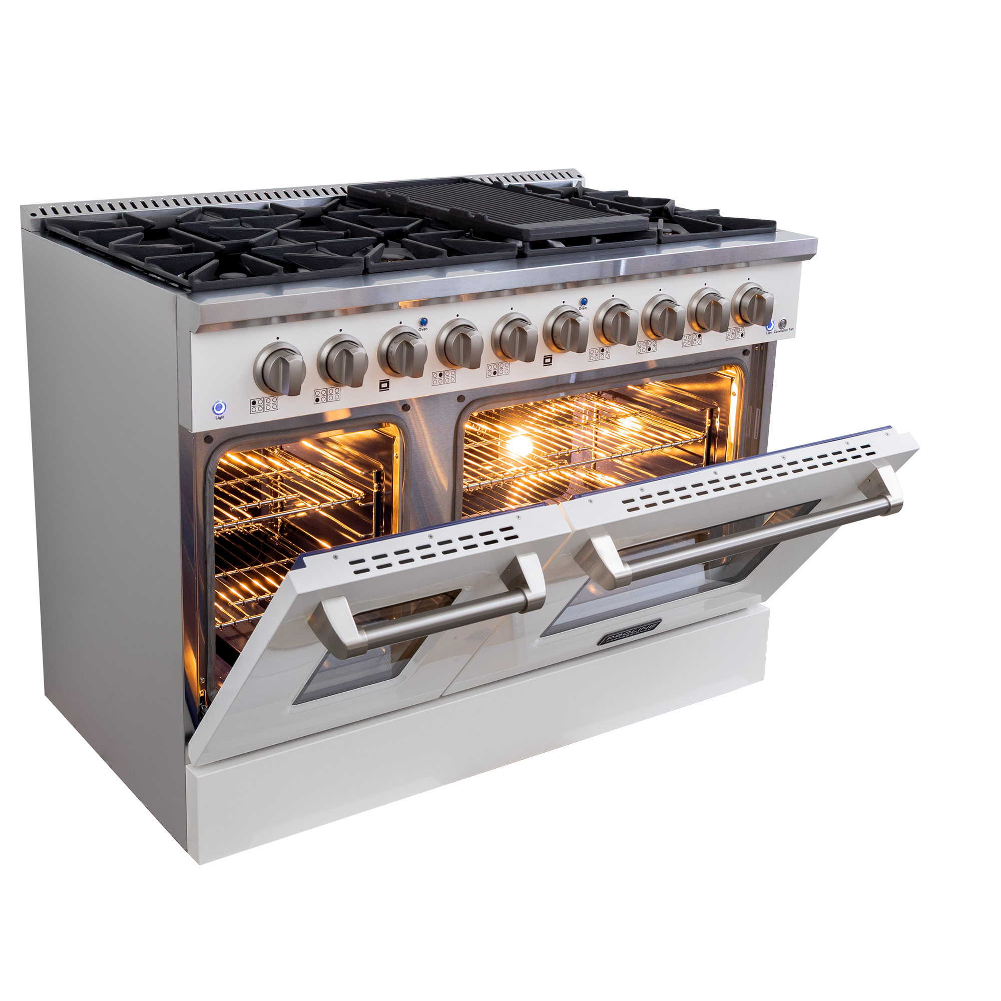 Proline PLSR 48GG range, 8 burners, dual ovens, griddle; both doors open. White background. ProlineRangeHoods.com.