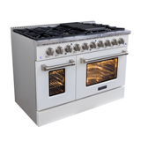 ProlineRangeHoods.com: The Proline PLSR 48GG 48" Range has 8 burners, dual ovens, griddle, and a glossy white finish.