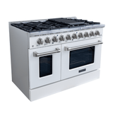 Proline Range Hoods PLSR 48GG, glossy white 48" range with 8 burners, dual ovens, griddle—viewed angled. ProlineRangeHoods.com.