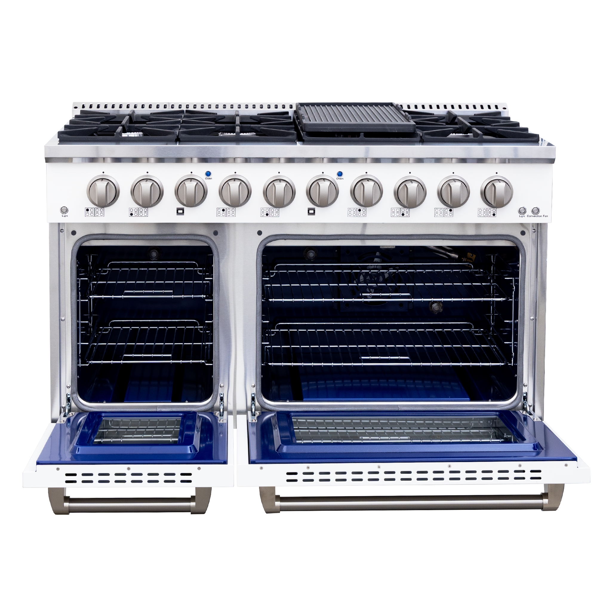 The Proline PLSR 48GG range features 8 burners, dual ovens, a griddle, white doors. ProlineRangeHoods.com.