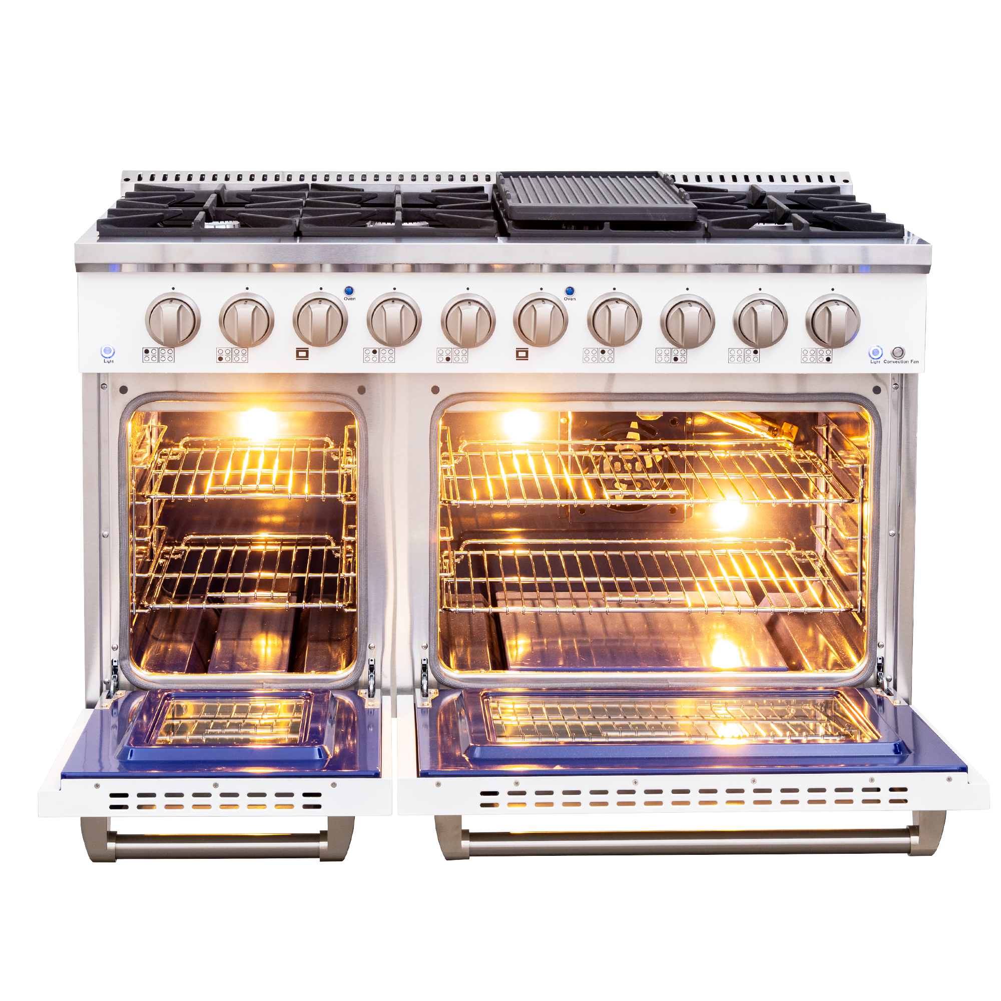 Proline PLSR 48GG all-gas range: 8 burners, griddle, dual open ovens with lights and racks. ProlineRangeHoods.com.