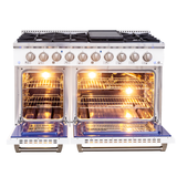 Proline PLSR 48GG all-gas range: 8 burners, griddle, dual open ovens with lights and racks. ProlineRangeHoods.com.