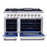 The Proline PLSR 48GG range features 8 burners, dual ovens, a griddle, white doors. ProlineRangeHoods.com.
