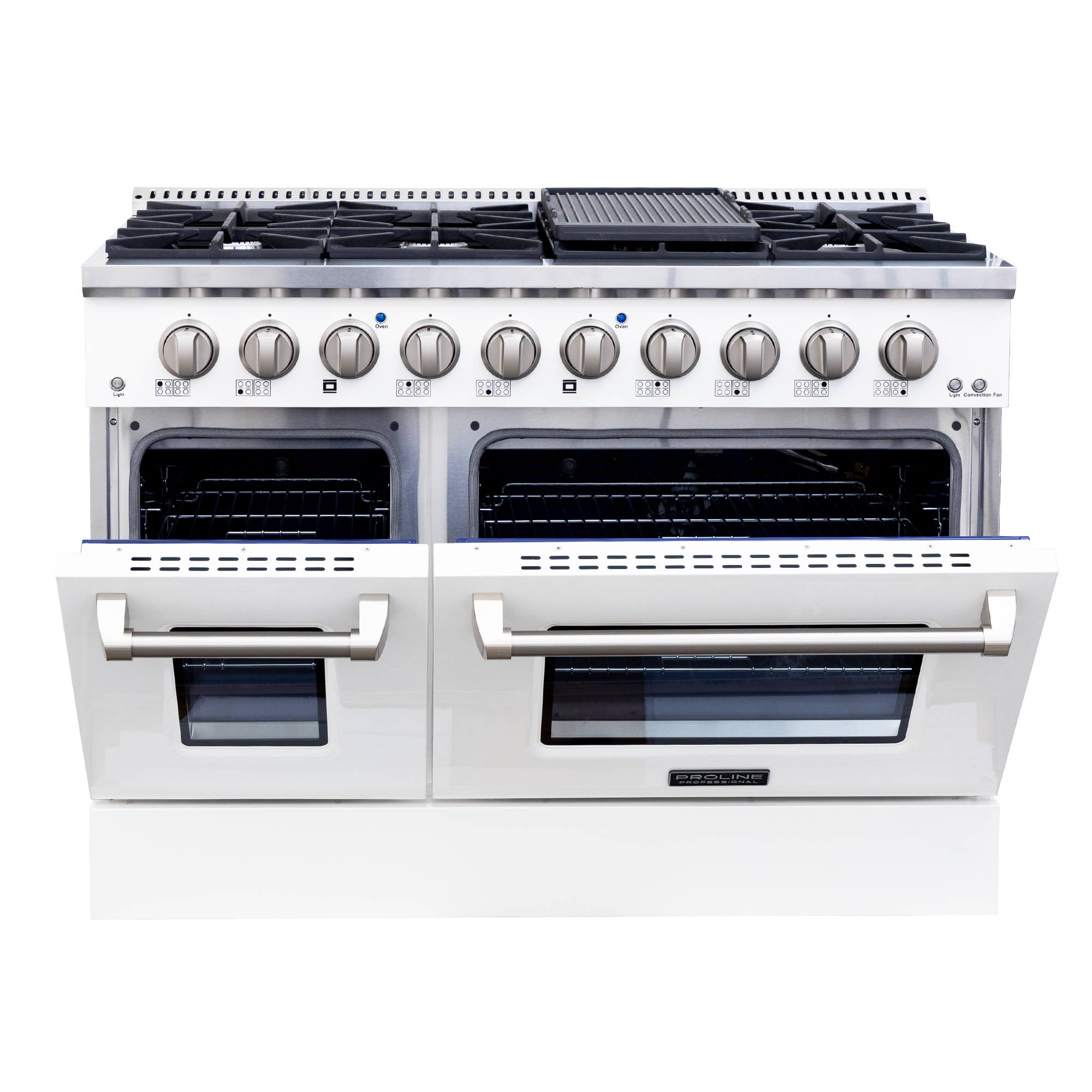 The Proline PLSR 48GG gas range with 8 burners, dual ovens, griddle in glossy white. ProlineRangeHoods.com.
