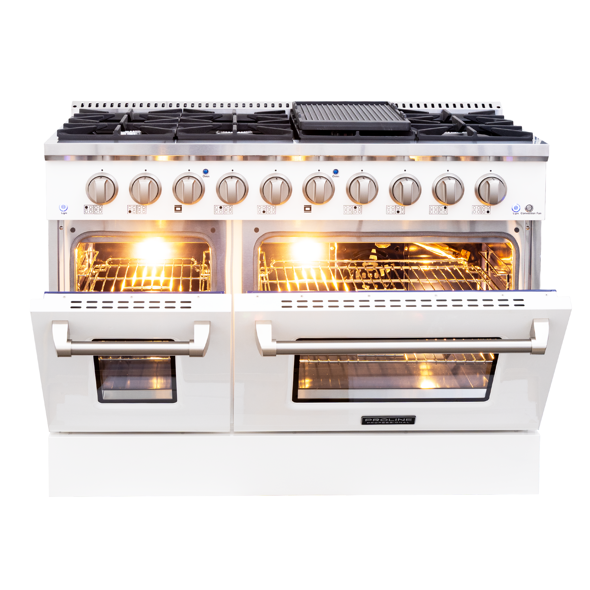 ProlineRangeHoods.com: Proline PLSR 48GG 48" range with 8 burners, griddle, dual lit ovens, glossy white design.