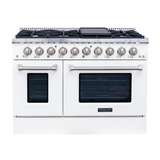 The Proline PLSR 48GG is a glossy white 48" gas range with 8 burners, dual ovens, griddle—front view. ProlineRangeHoods.com.