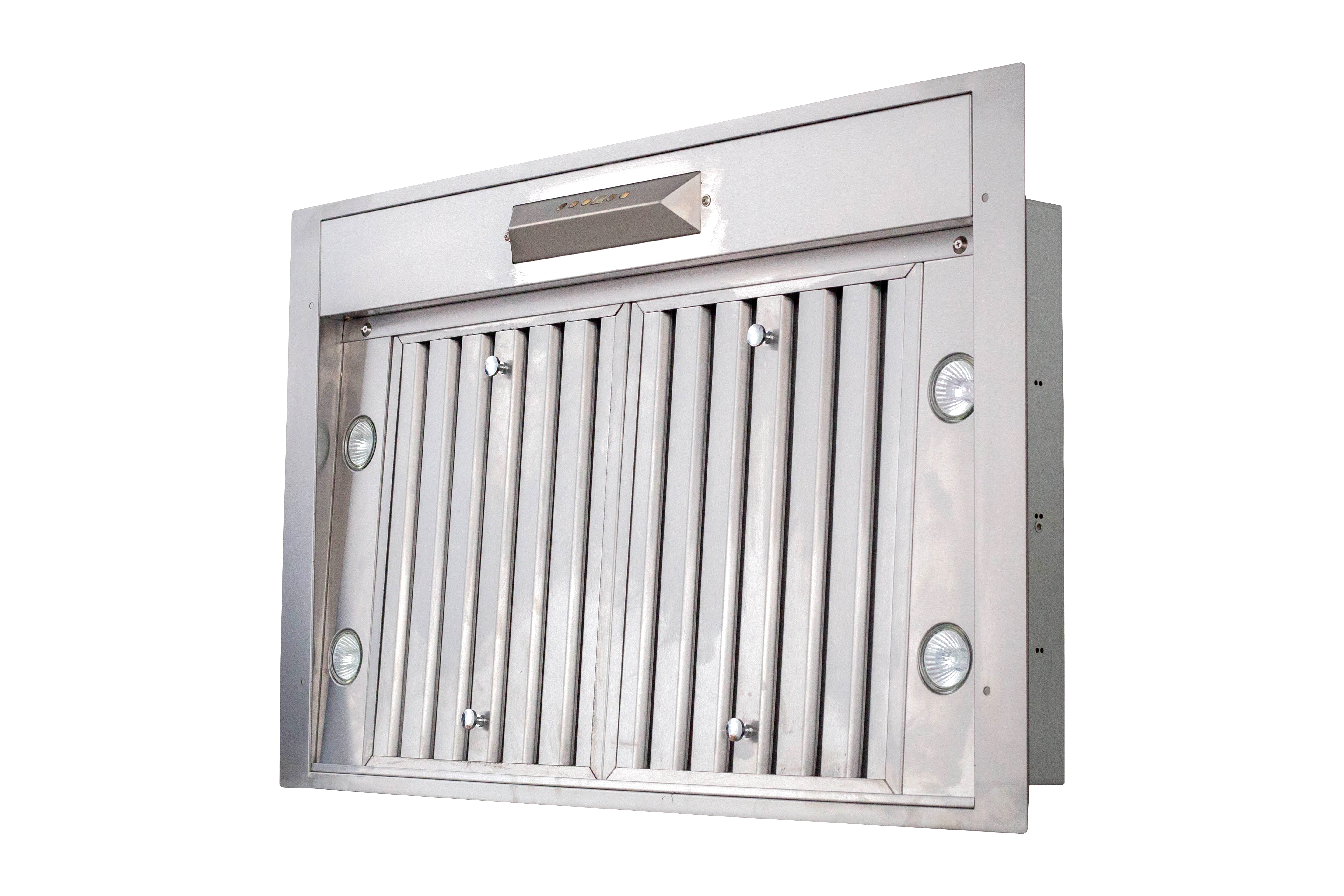 ProlineRangeHoods.com's stainless steel Range Hood Insert in 15, 18, or 21-inch depths with lights, filters & 600/1200 CFM.