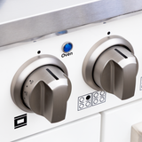 Close-up of 2 stainless steel knobs, symbols, blue light on Proline PLSR 48GG range in white. ProlineRangeHoods.com.