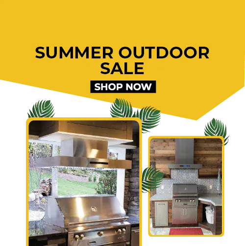 Outdoor grills, "Summer Outdoor Sale" text, green leaves, yellow background; shop now at ProlineRangeHoods.com.