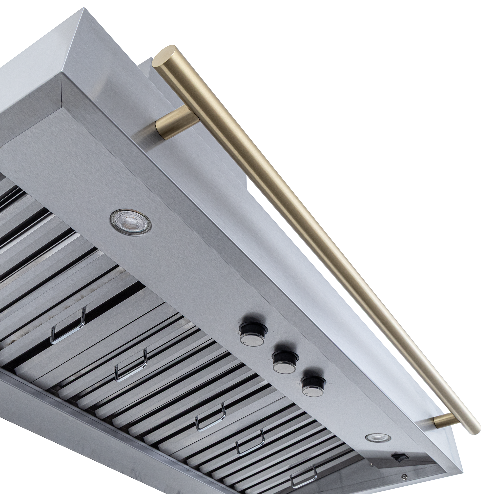 The Proline PLJW 104 Signature Series Range Hood in stainless steel, outdoor-rated, from below. ProlineRangeHoods.com.