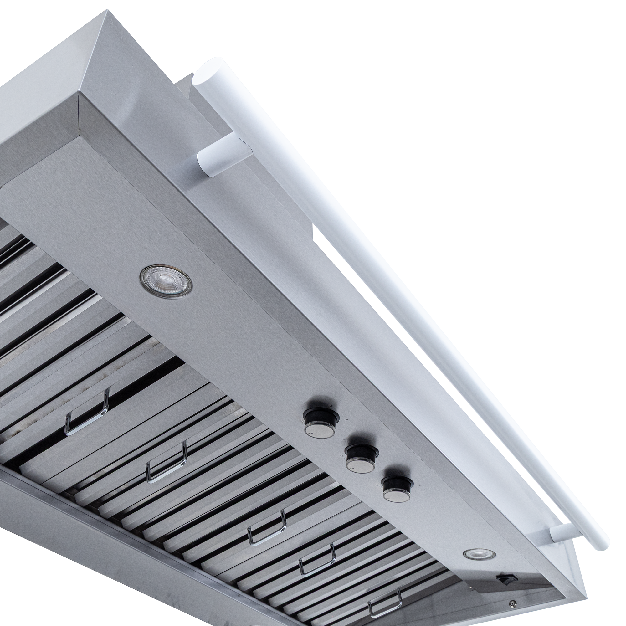 Close-up of NEW Proline PLJW 104 Wall Range Hood, 1200 CFM, stainless steel. ProlineRangeHoods.com.