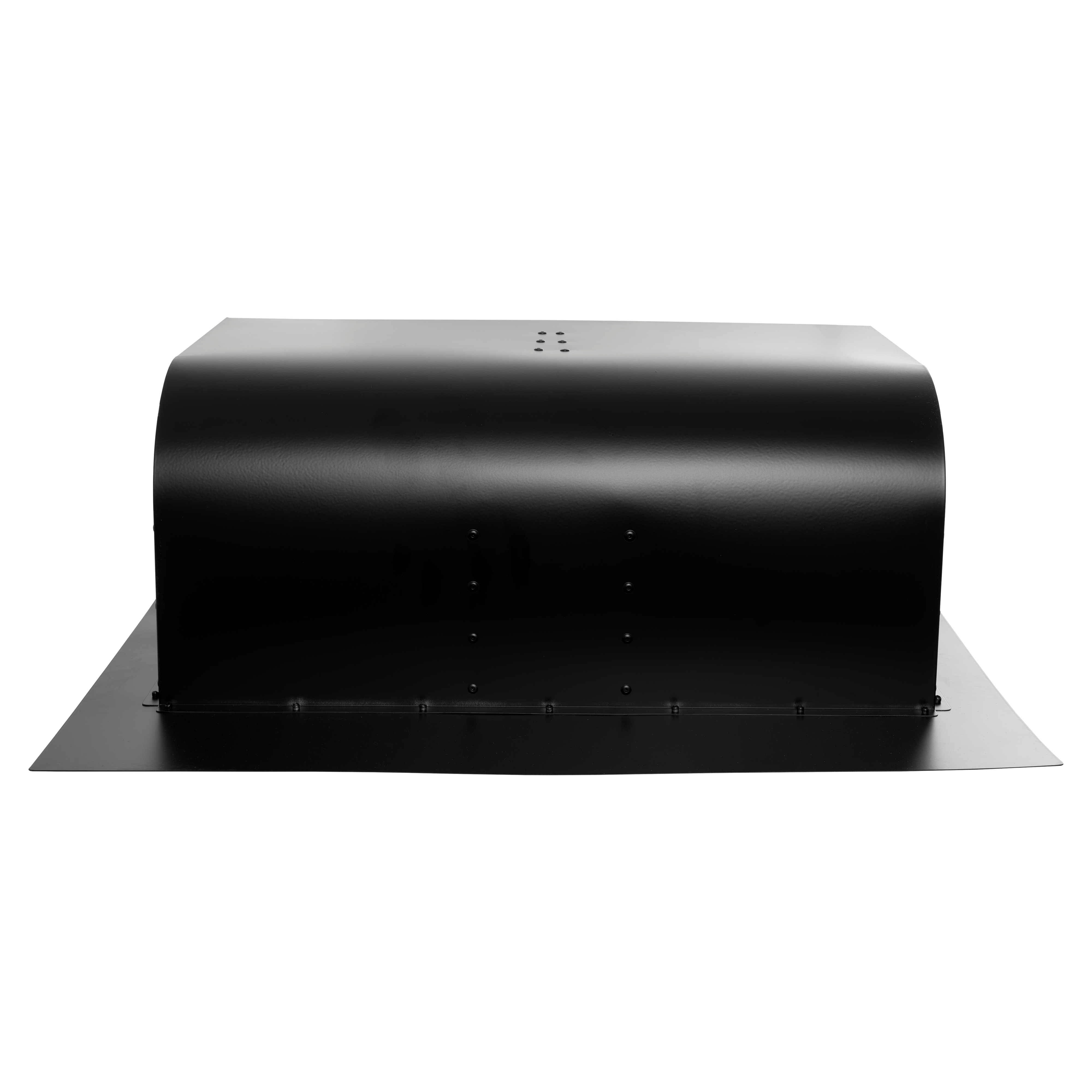 Black Proline BBQ roof cap with curved top, viewed from front on white. ProlineRangeHoods.com.