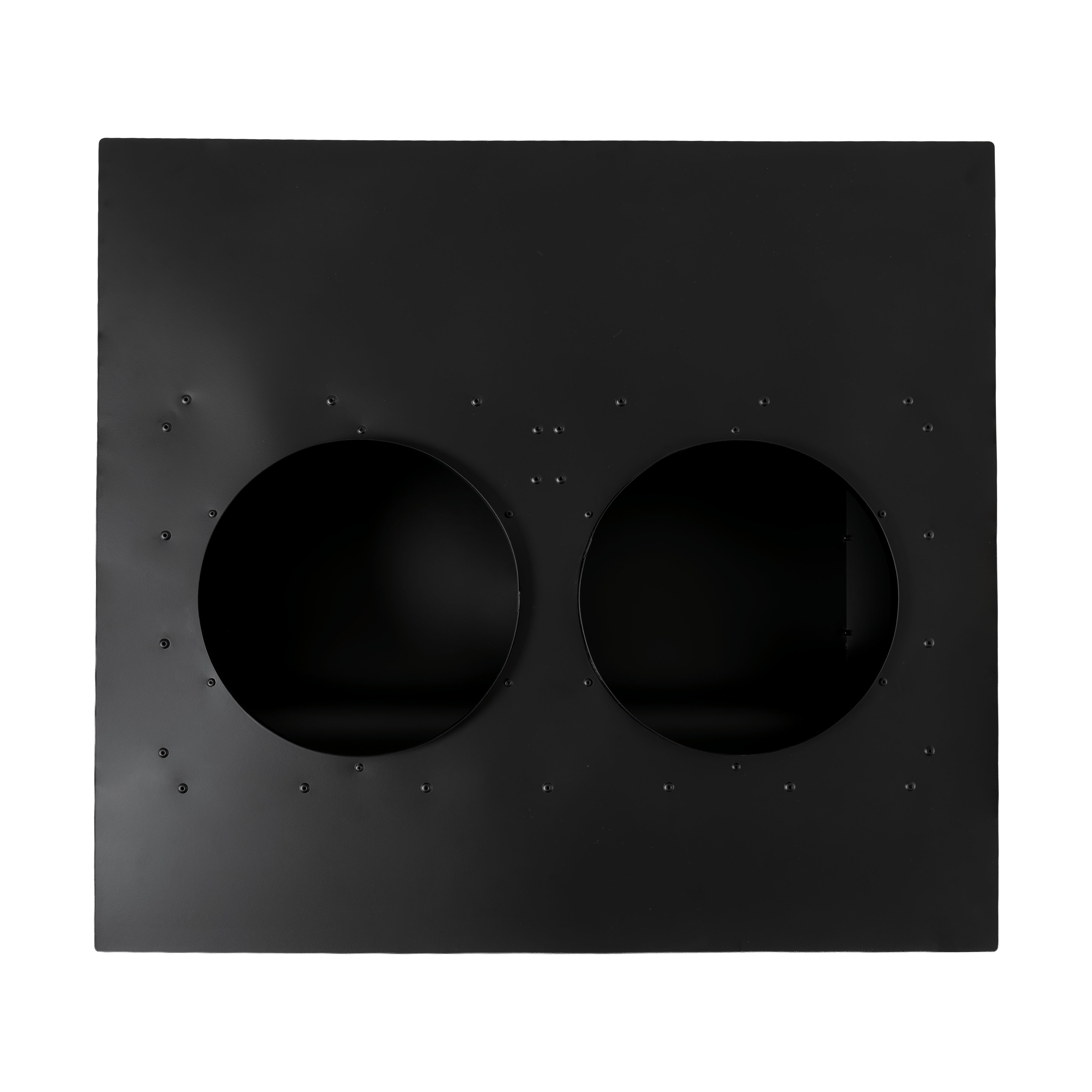 ProlineRangeHoods.com: Black rectangular roof cap with 2 big round cutouts and small holes for dual duct BBQ vents.