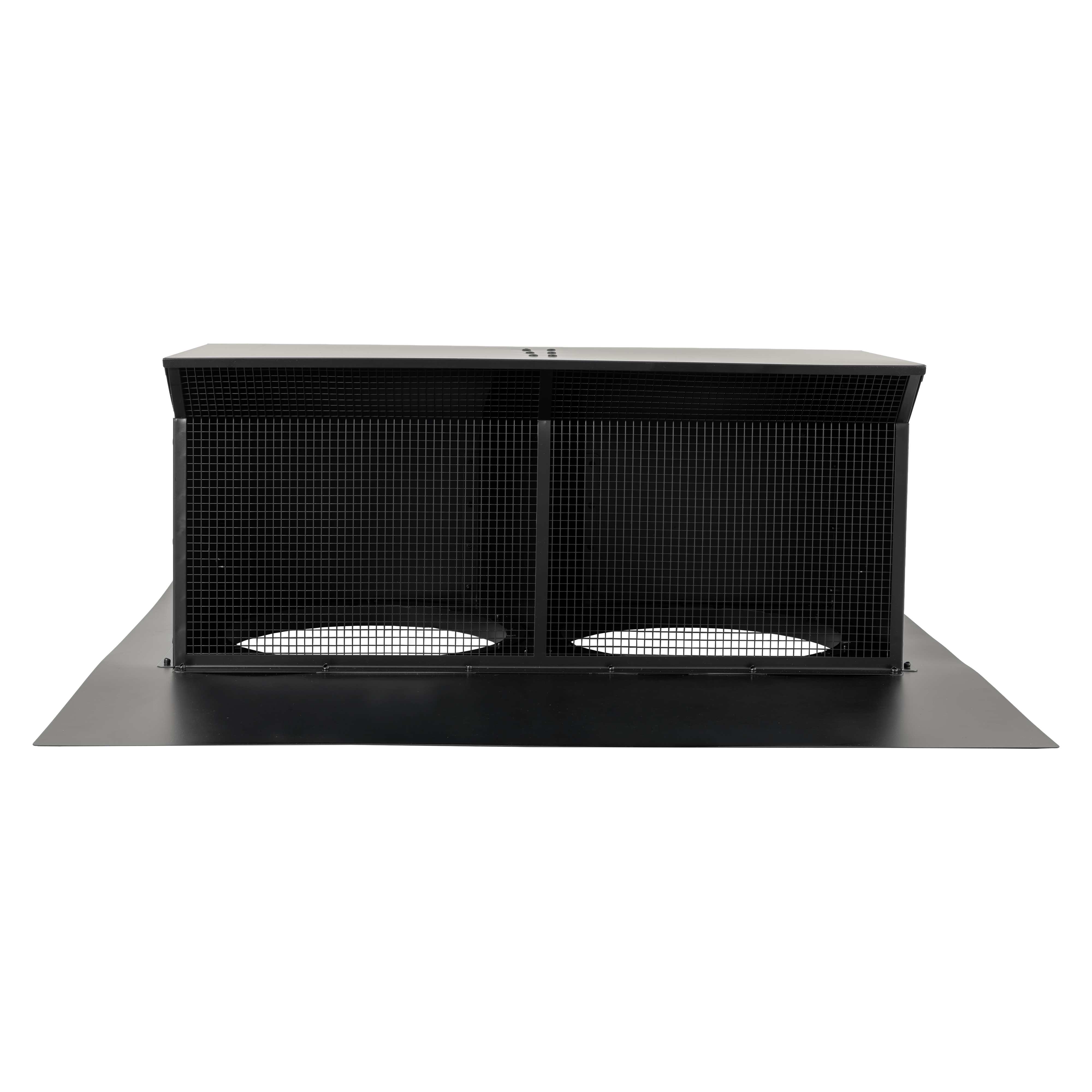 ProlineRangeHoods.com black metal 8″-10″ roof cap for BBQ hoods, mesh sides, flat top on white background.