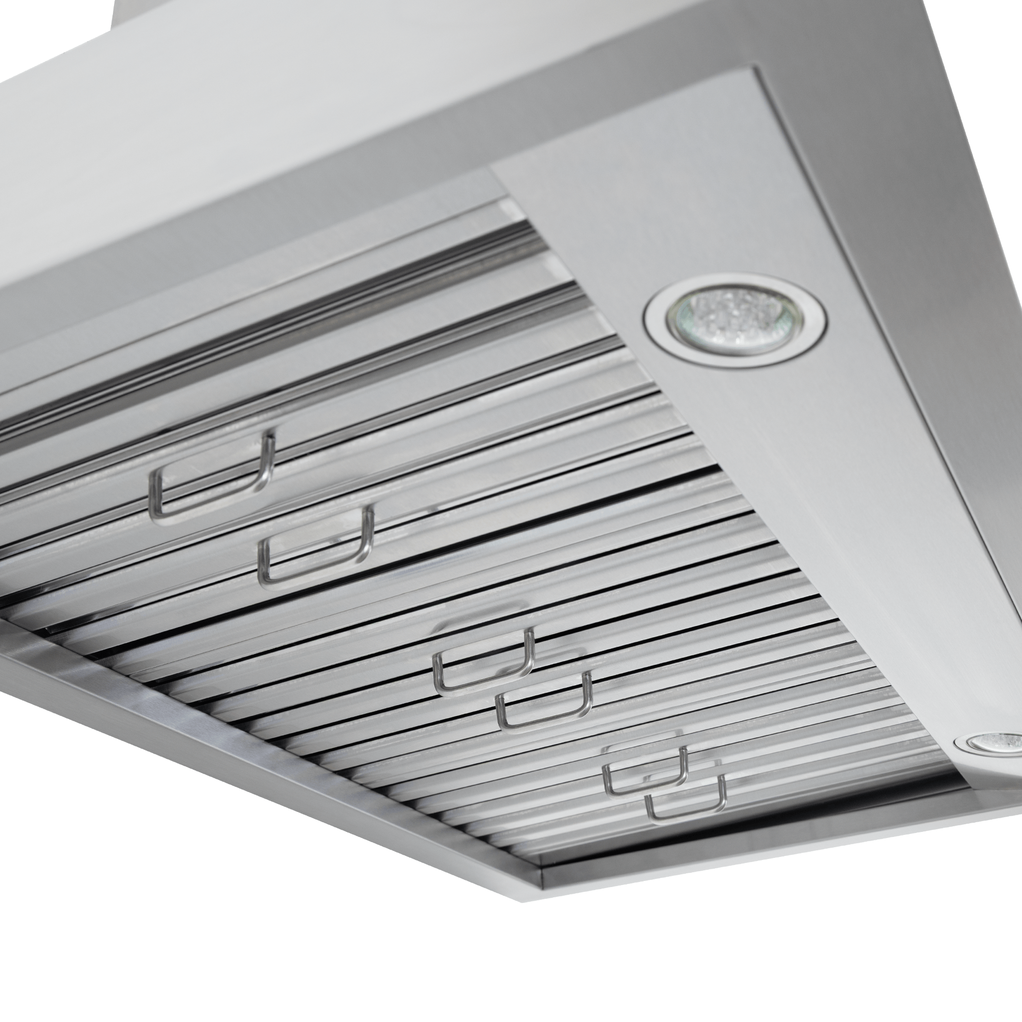 Proline King Air SS wall-mounted range hood with slatted filters, LED lights, 550/1200 CFM. ProlineRangeHoods.com.