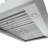 Proline King Air SS wall-mounted range hood with slatted filters, LED lights, 550/1200 CFM. ProlineRangeHoods.com.