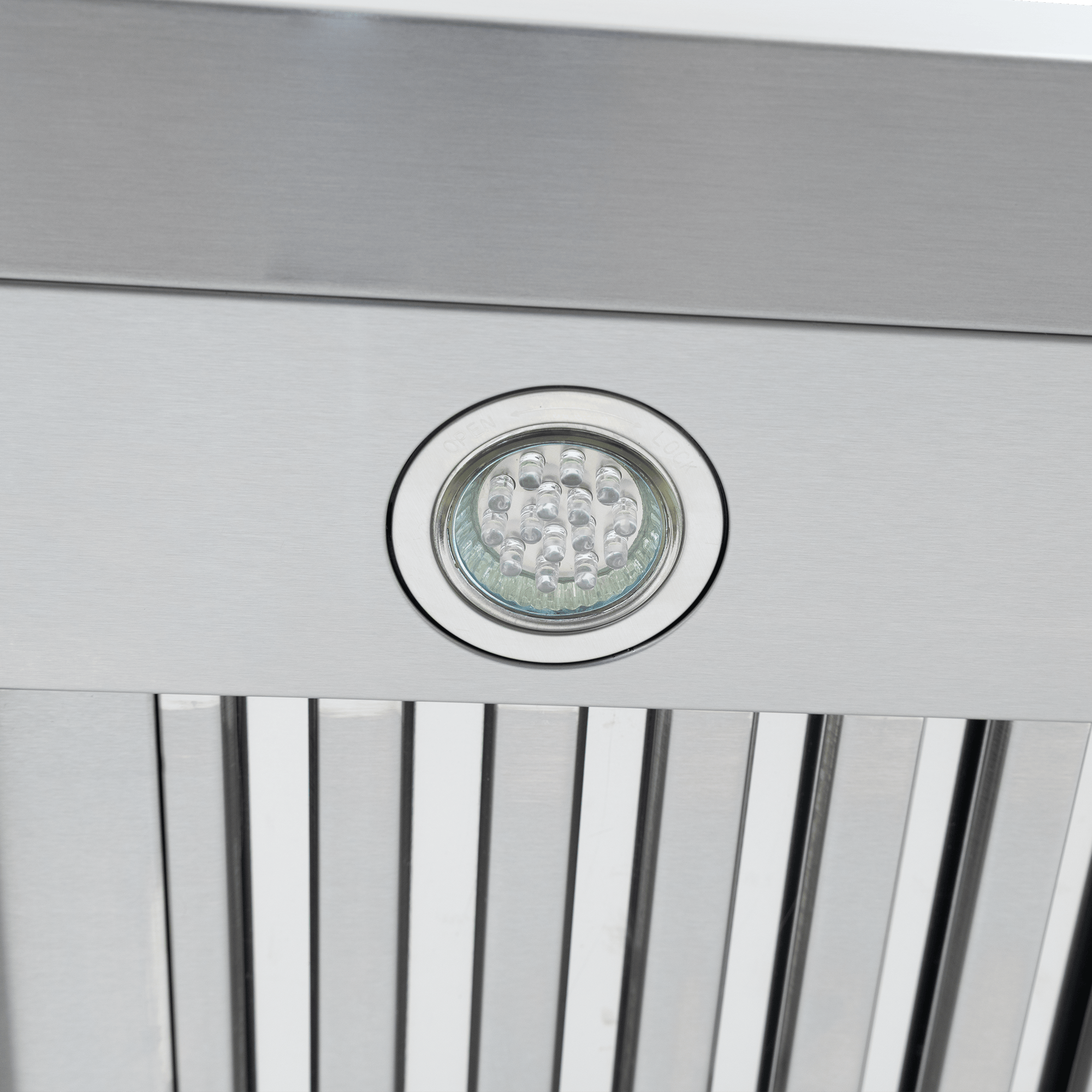 LED light in the Proline King Air Dream Home range hood with stainless finish, 550/1200 CFM by ProlineRangeHoods.com.